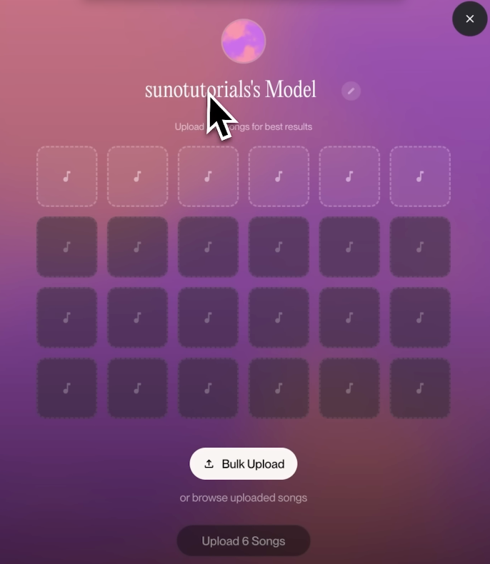 Interface for uploading initial audio files and selecting up to six songs to begin training suno v5.5 custom models.
