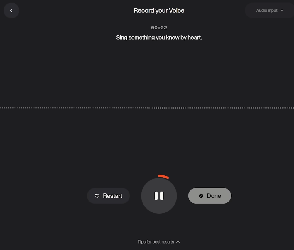 Voice recording interface for suno v5.5 video creators, allowing users to sing and capture custom audio inputs.