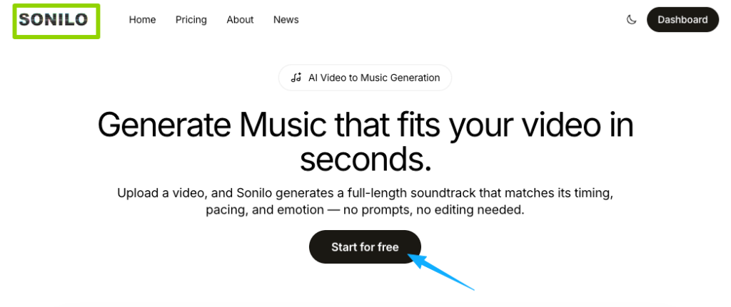 Click start for free on Sonilo to effortlessly add music to video online with AI-generated custom soundtracks.