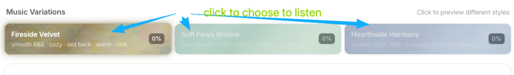 Preview multiple AI-generated track variations to choose the best fit when you add music to video online today.