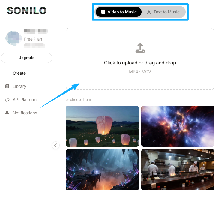 Sonilo AI interface showing the video to music upload screen, an innovative tool for adding music to a video.