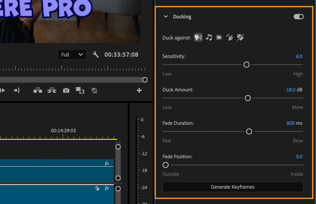 Video editing software interface showing audio ducking settings to balance voiceovers when adding music to a video.