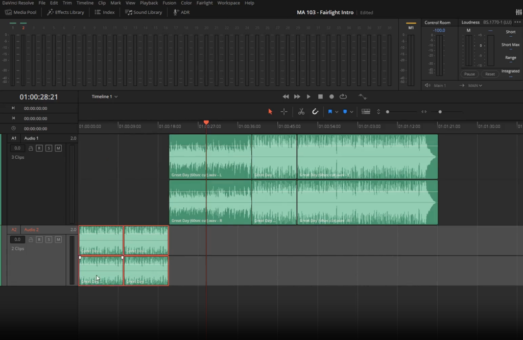 DaVinci Resolve software interface displaying audio track waveforms on a timeline while adding music to a video.