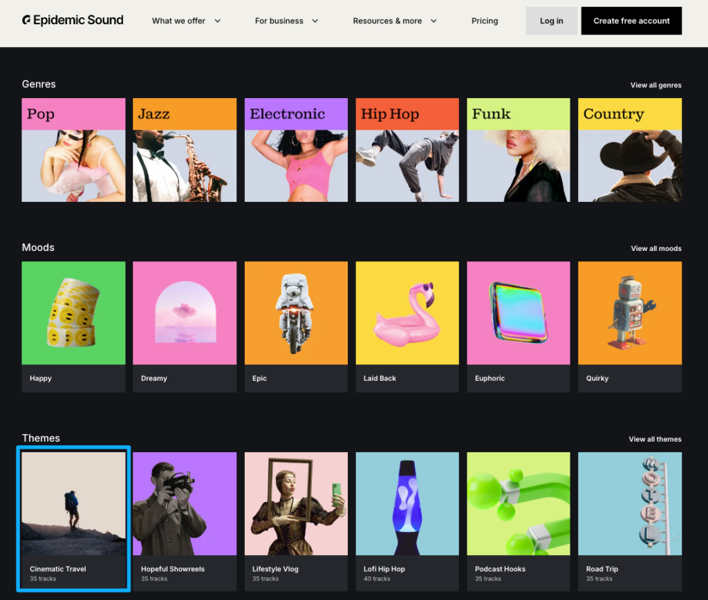 Epidemic Sound website interface showing various genres and moods for adding music to a video.