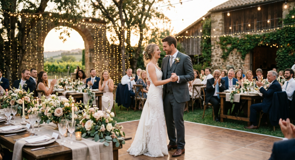 Bride and groom's first dance at an outdoor reception, set to the best music for wedding video.