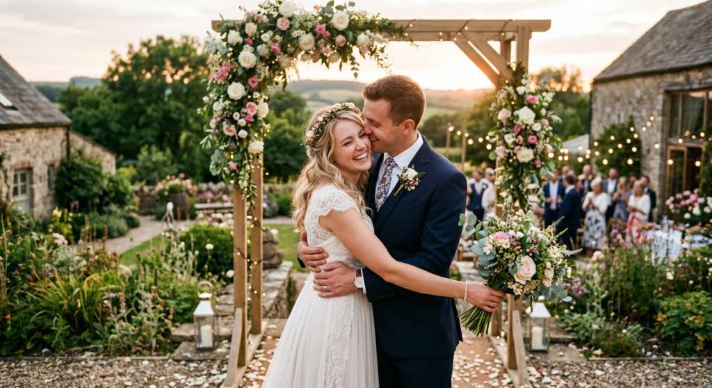 Happy newlywed couple hugging, creating perfect moments to pair with the best music for wedding video.