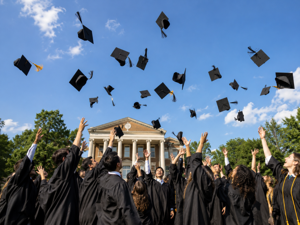 Happy students throwing caps. Find uplifting graduation video music ideas to match this joyful and celebratory moment.