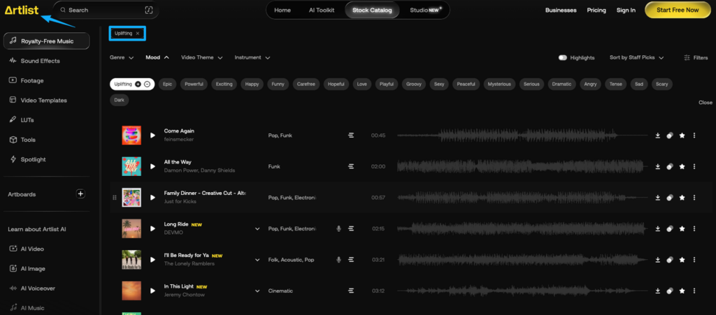 Artlist platform interface displaying uplifting royalty-free tracks for adding music to a video.