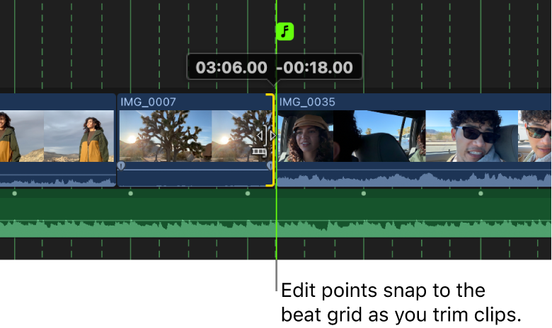 Video editing timeline demonstrating how to snap edit points to the beat when adding music to a video.