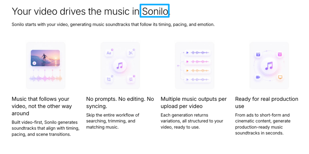 Sonilo AI platform interface generating custom soundtracks as a method of adding music to a video.