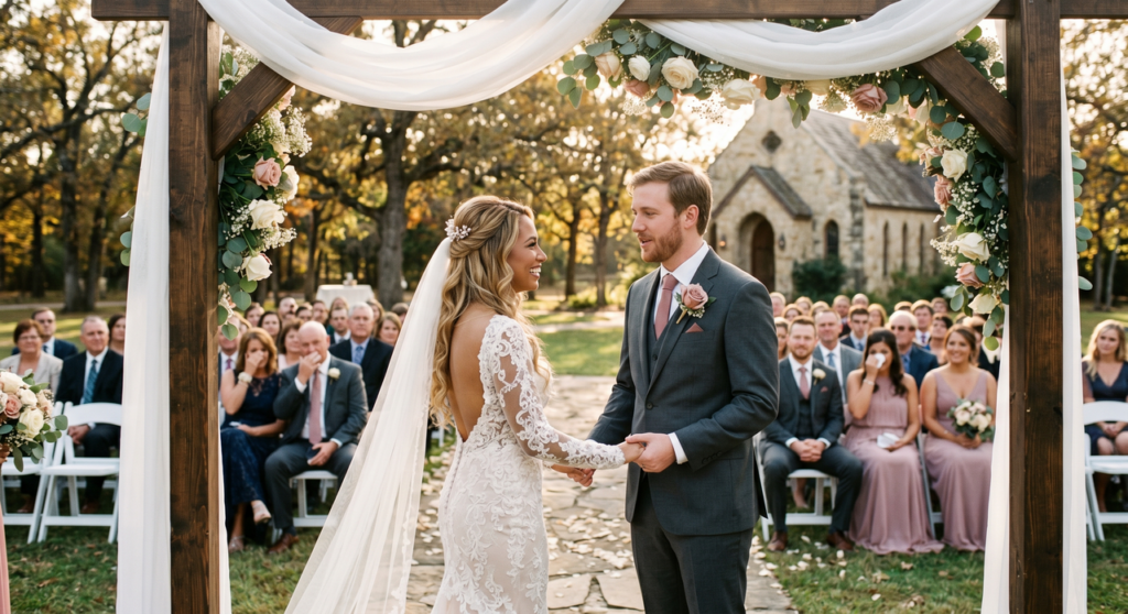 Bride and groom exchanging vows outdoors, a key scene requiring the best music for wedding video.