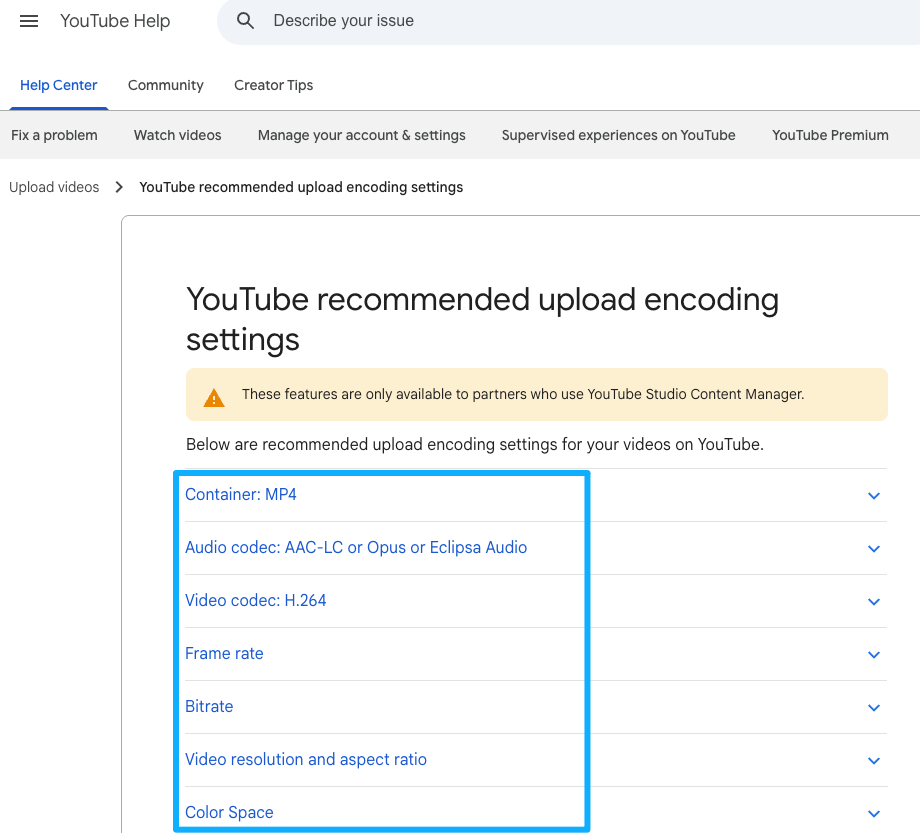 YouTube Help page showing recommended upload encoding settings after adding music to a video.