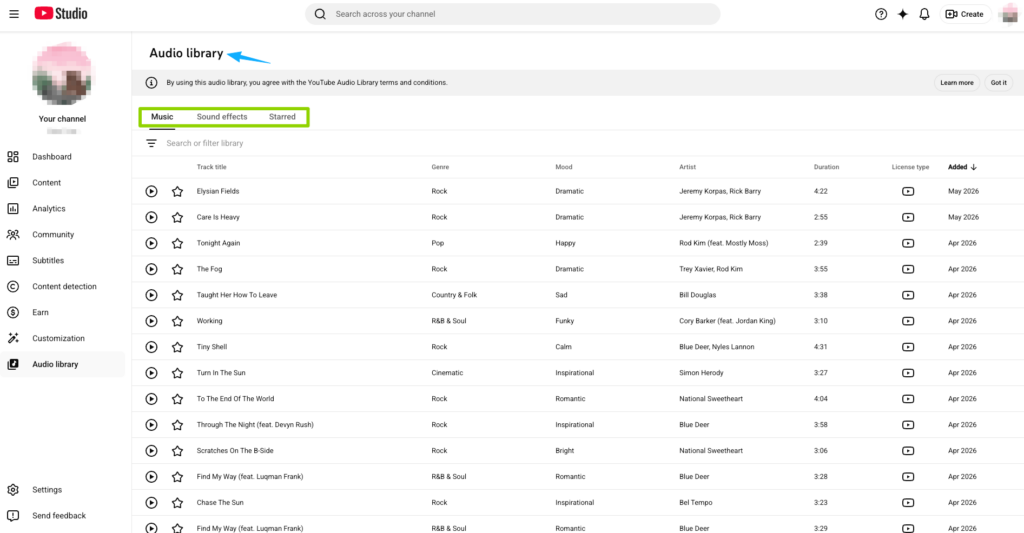 Browse the YouTube Studio audio library to find free tracks and add music to video online for your channel.