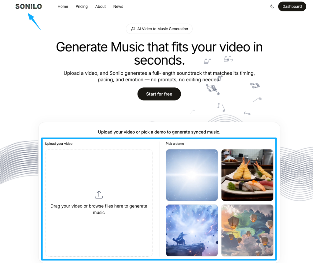 Sonilo homepage showing how to add music to a video on iphone by uploading media for AI soundtrack generation.