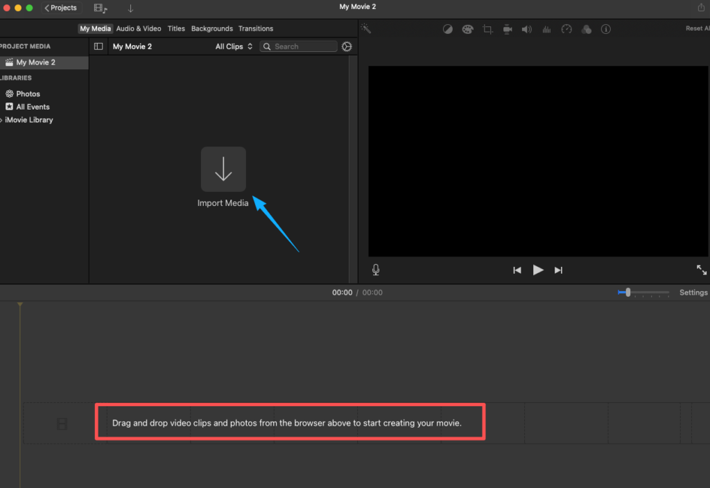 Step one of how to add music to a video on iphone: click the import media button in iMovie to add your footage.