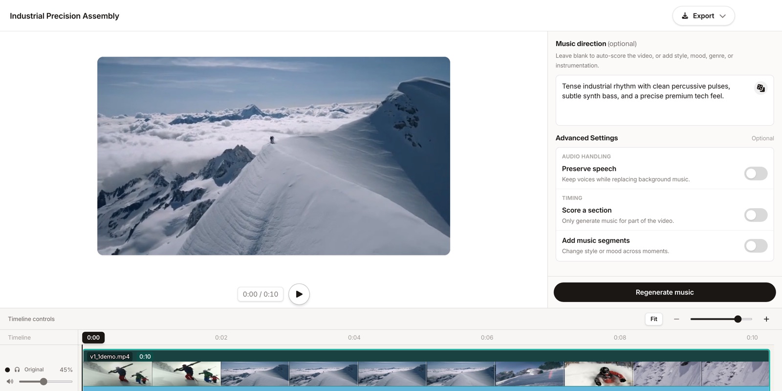 Sonilo Studio showing an uploaded video beside the optional music direction field and audio handling settings