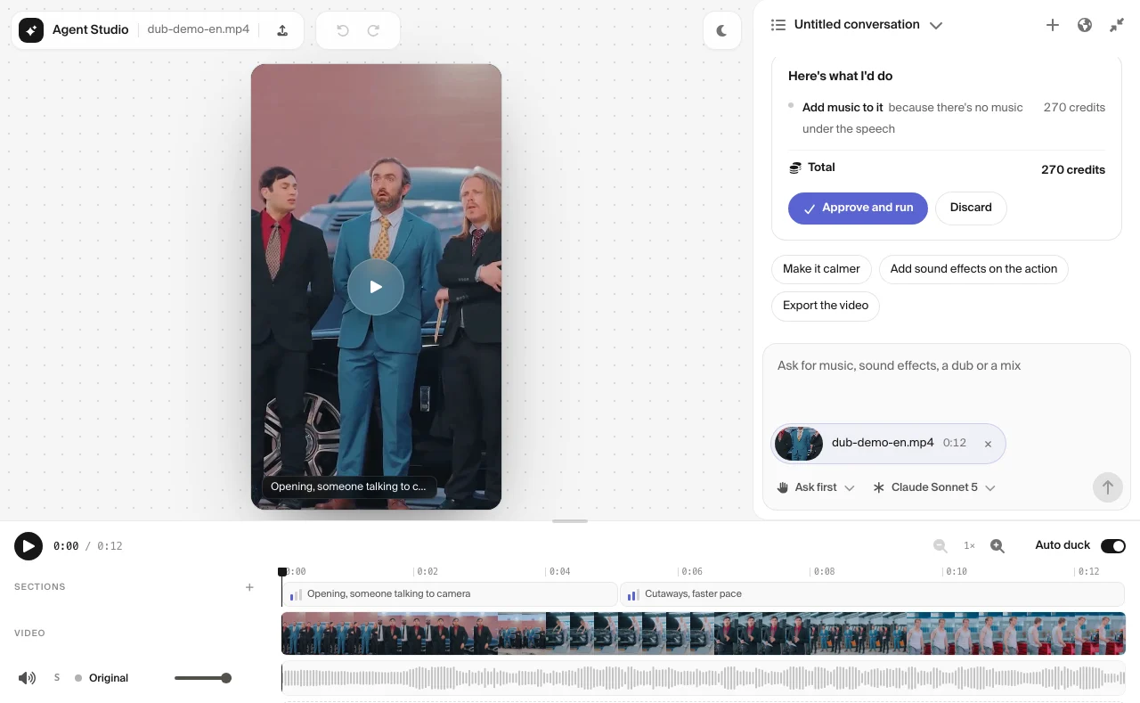 Agent Studio 界面,包含视频预览、时间线,以及显示 Agent 方案、所需 credits 和“确认并运行”按钮的对话面板。