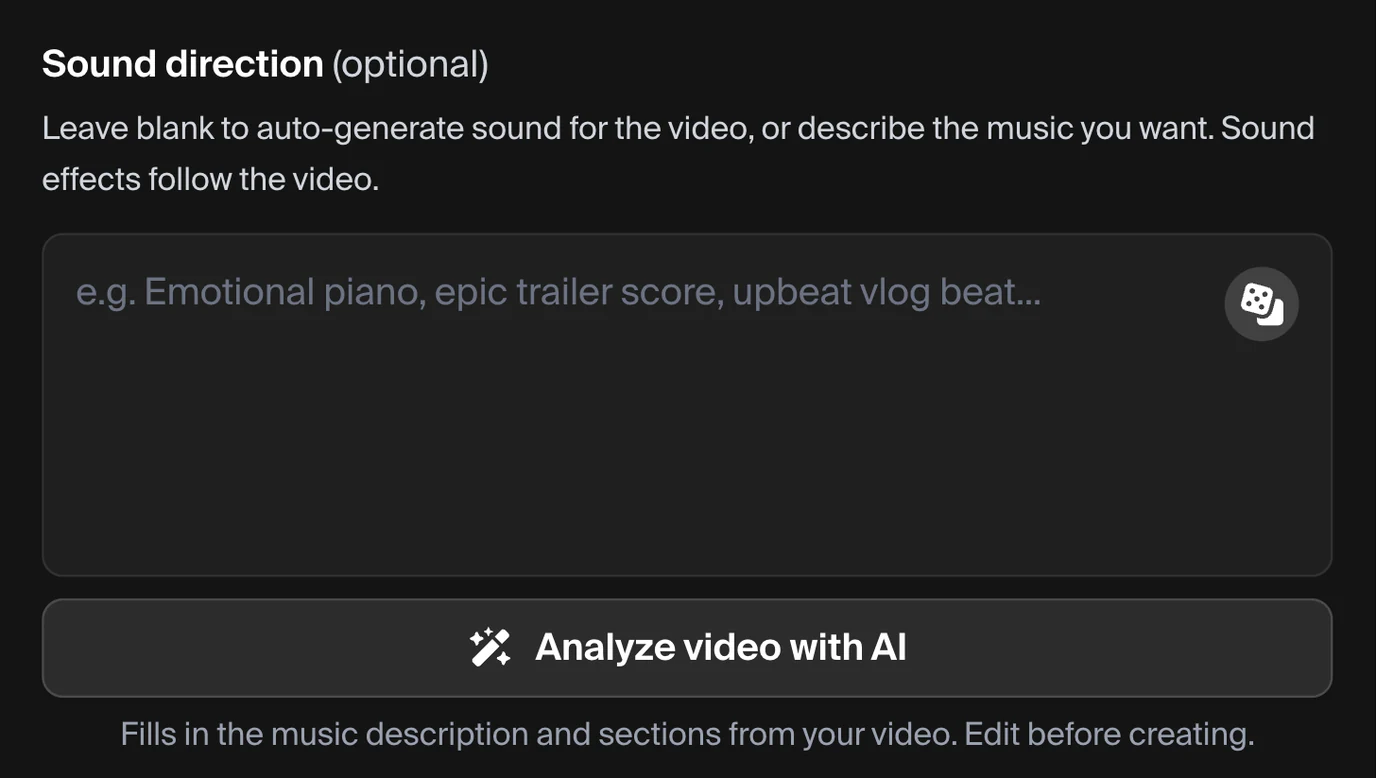 An empty Sound direction field with the Analyze video with AI button under it, and the line saying it fills the field in from your video.