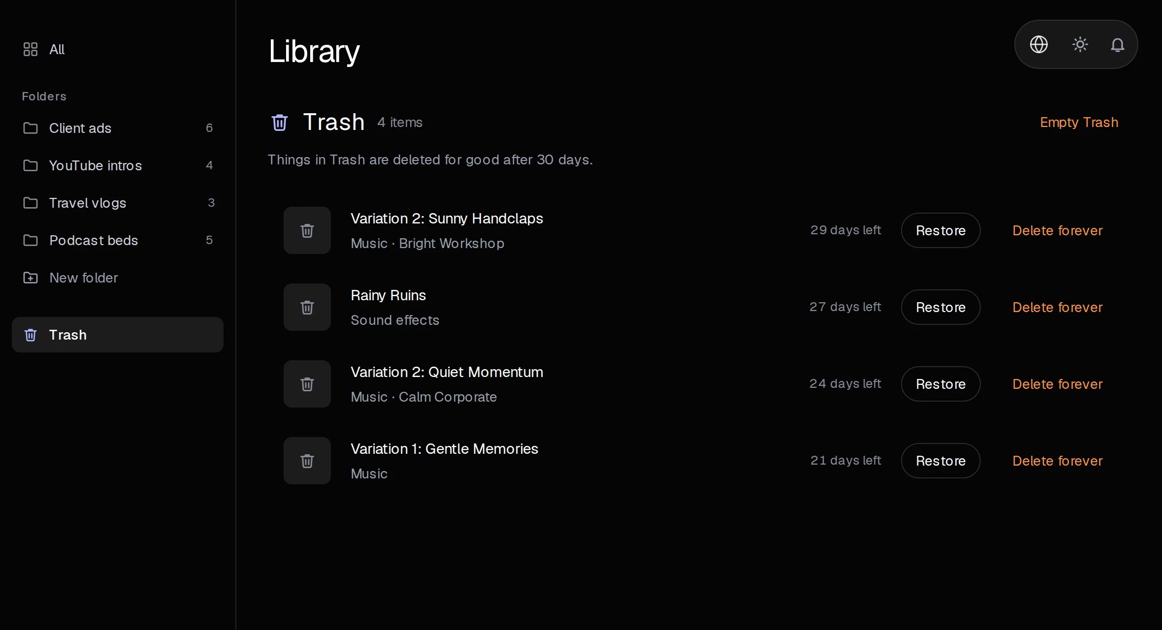 Library Trash with Restore and Delete forever beside each item.