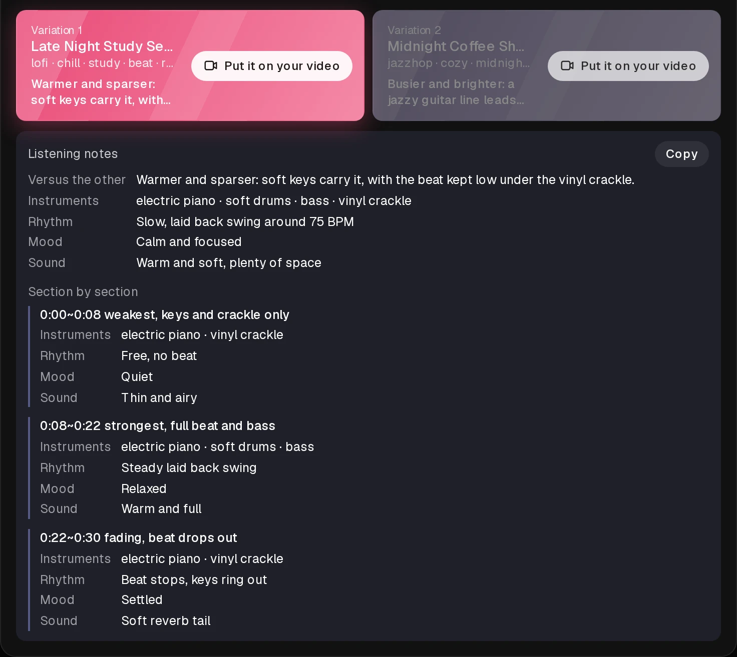 Listening notes for a Text to Music result, with a section by section breakdown.