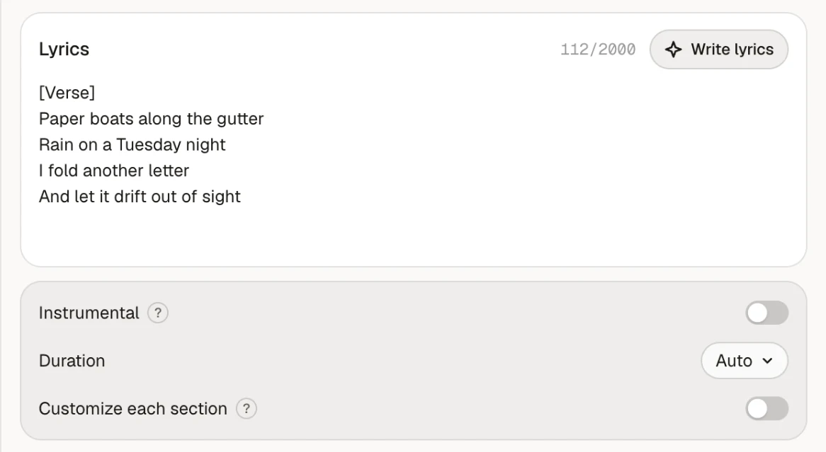 Music from text settings with a verse of lyrics and Instrumental turned off.