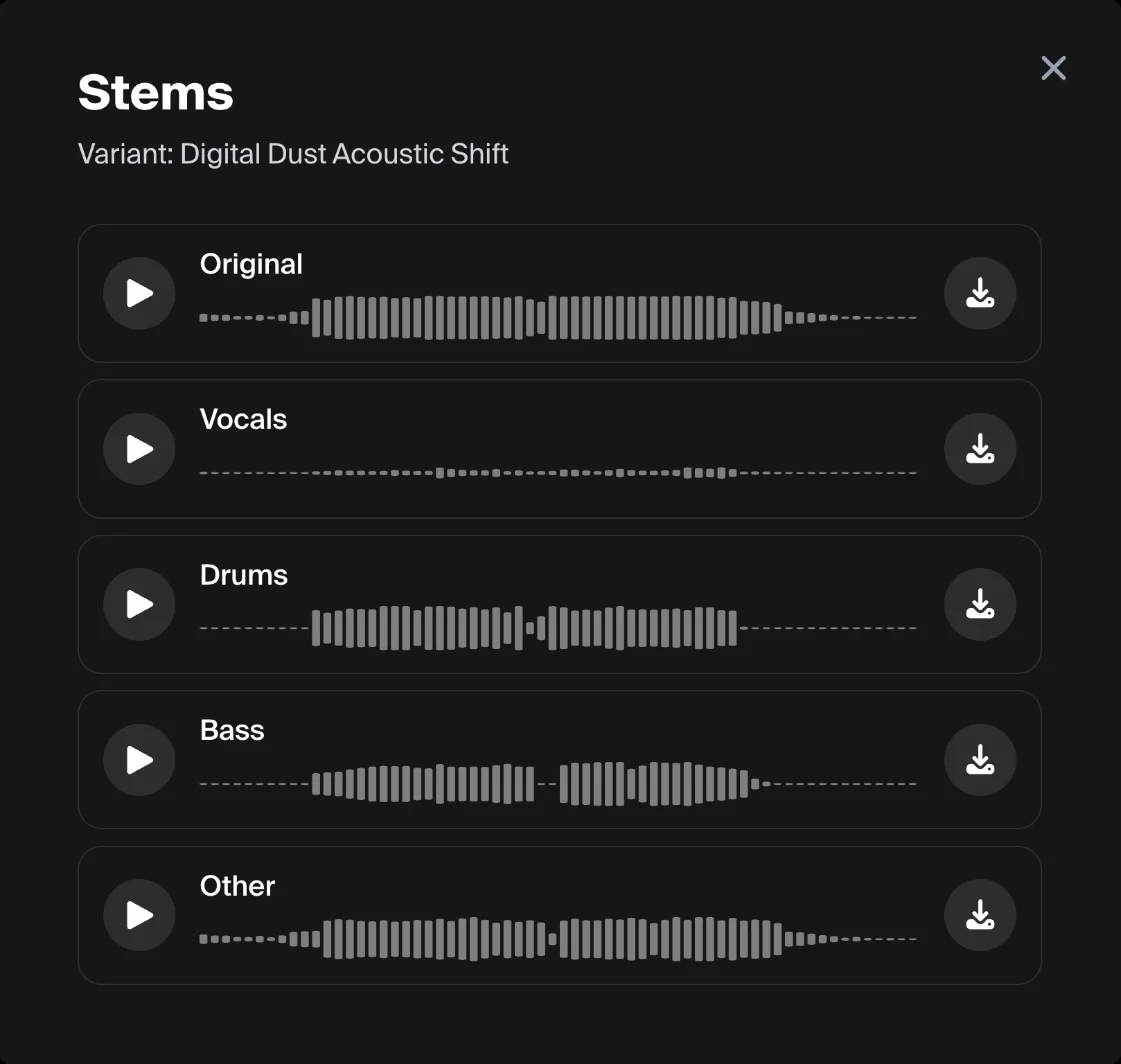 The Stems panel listing Original, Vocals, Drums, Bass and Other, each with its own play and download button.