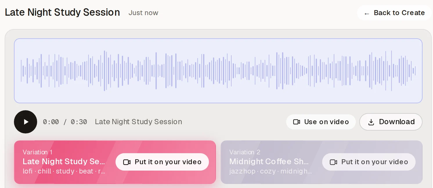 A Text to Music result with an "Add to video" button on each variation.