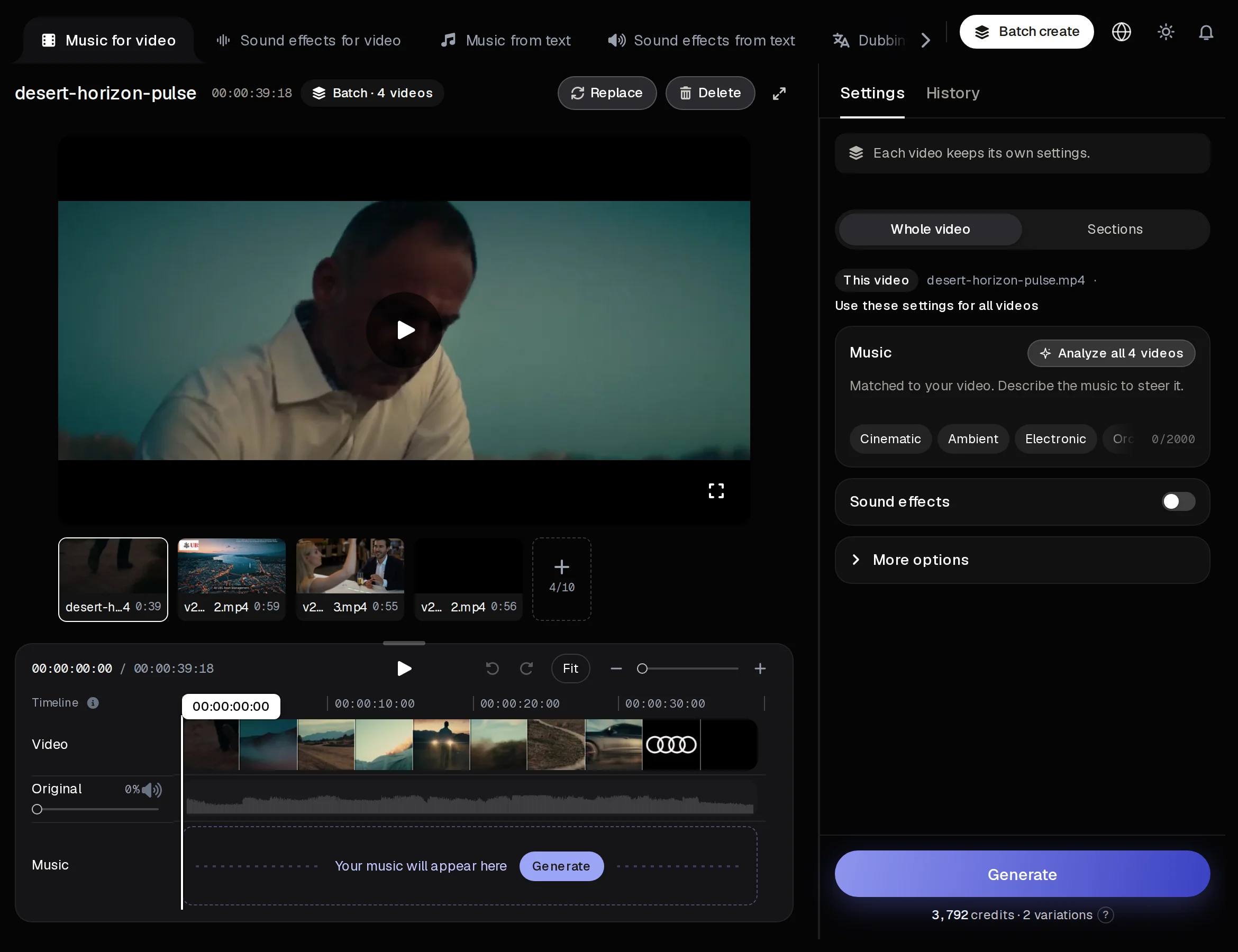 Music for video in Batch create, with four videos in a strip under the player and an Analyze all 4 videos button.
