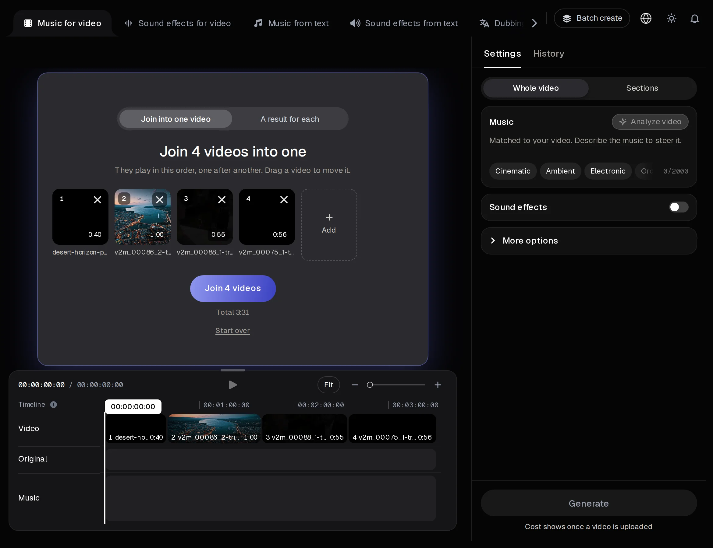 The create page with four videos in a row to join, numbered in play order, above a Join 4 videos button.